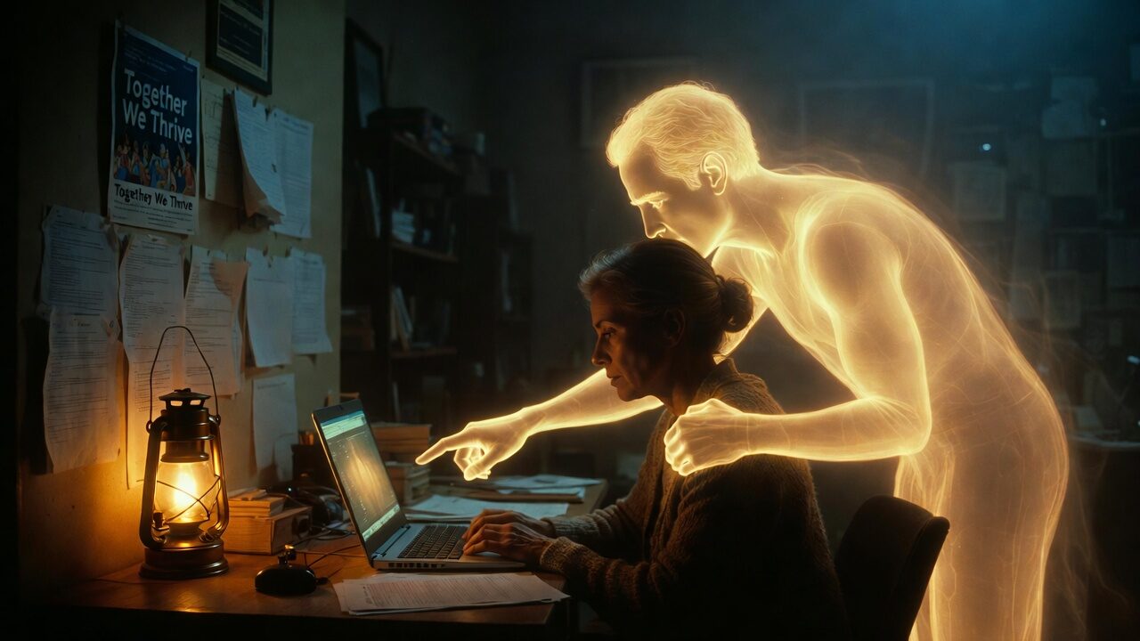Une employée d’un organisme à but non lucratif travaille de nuit sur son ordinateur portable. Une silhouette lumineuse lui indique un point à l’écran, près d’une lanterne posée sur le bureau.