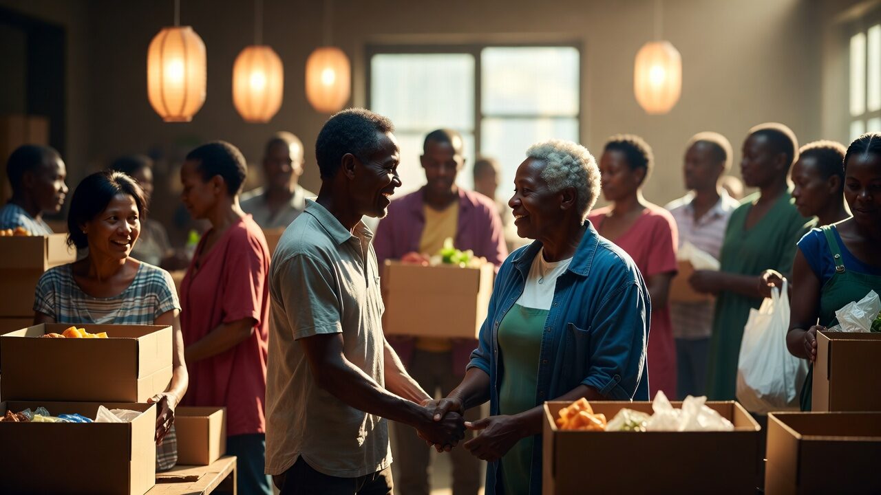 Volunteers shaking hands at a nonprofit food bank under hanging lanterns