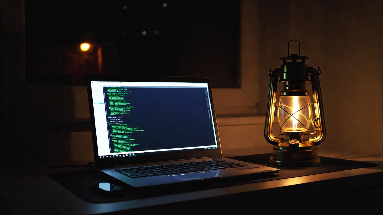 Un ordinateur portable et une petite lanterne sur un bureau, la nuit