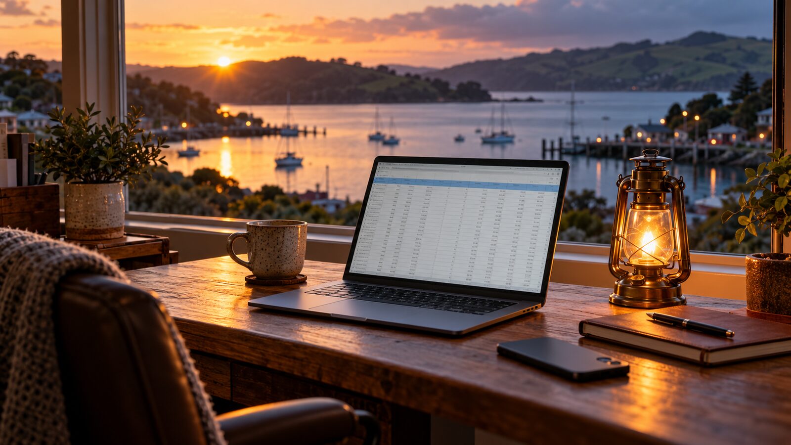 A tidy wooden desk by a window at sunset, a laptop open on a client spreadsheet, a small brass lantern glowing beside it, a harbour with boats outside.