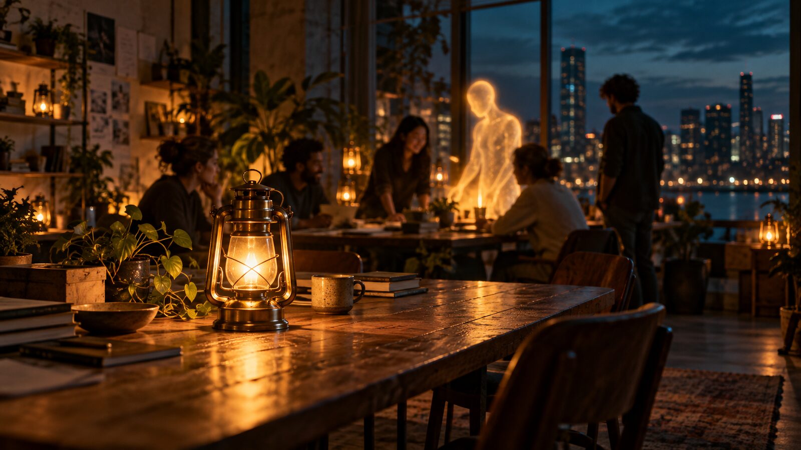 Un atelier chaleureux au crépuscule, une équipe réunie autour d’une table, une lanterne en laiton allumée au premier plan