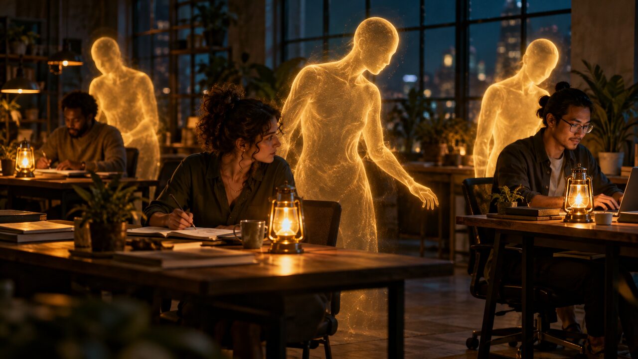 Trois collègues travaillent à leur bureau le soir, chacun accompagné d’une silhouette de lumière dorée ; l’une s’arrête et regarde la lanterne déjà allumée d’un bureau voisin