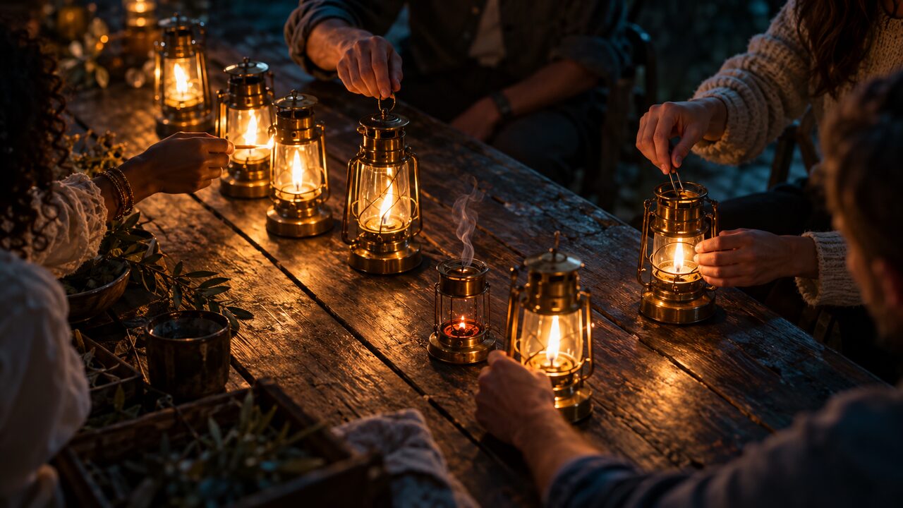 Une longue table de bois couverte de petites lanternes en verre, certaines brillantes, d’autres réduites à la braise, l’une tout juste éteinte avec un filet de fumée, tandis que des mains s’avancent pour les entretenir