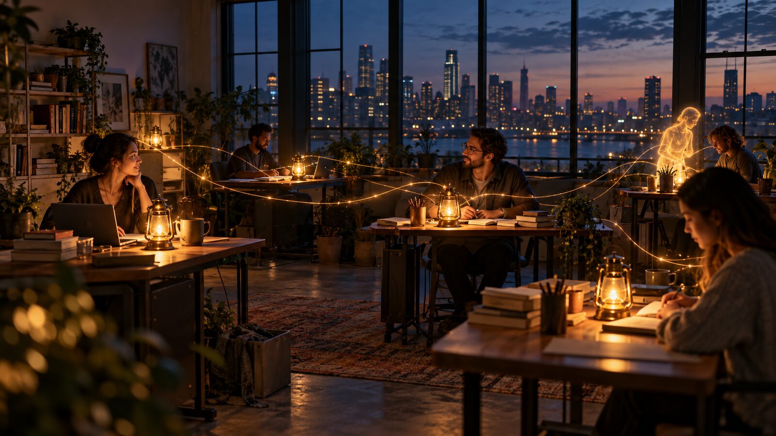 Un atelier ouvert au crépuscule, chaque bureau éclairé par sa propre lanterne, de fins fils de lumière dorée reliant les lanternes à travers la pièce