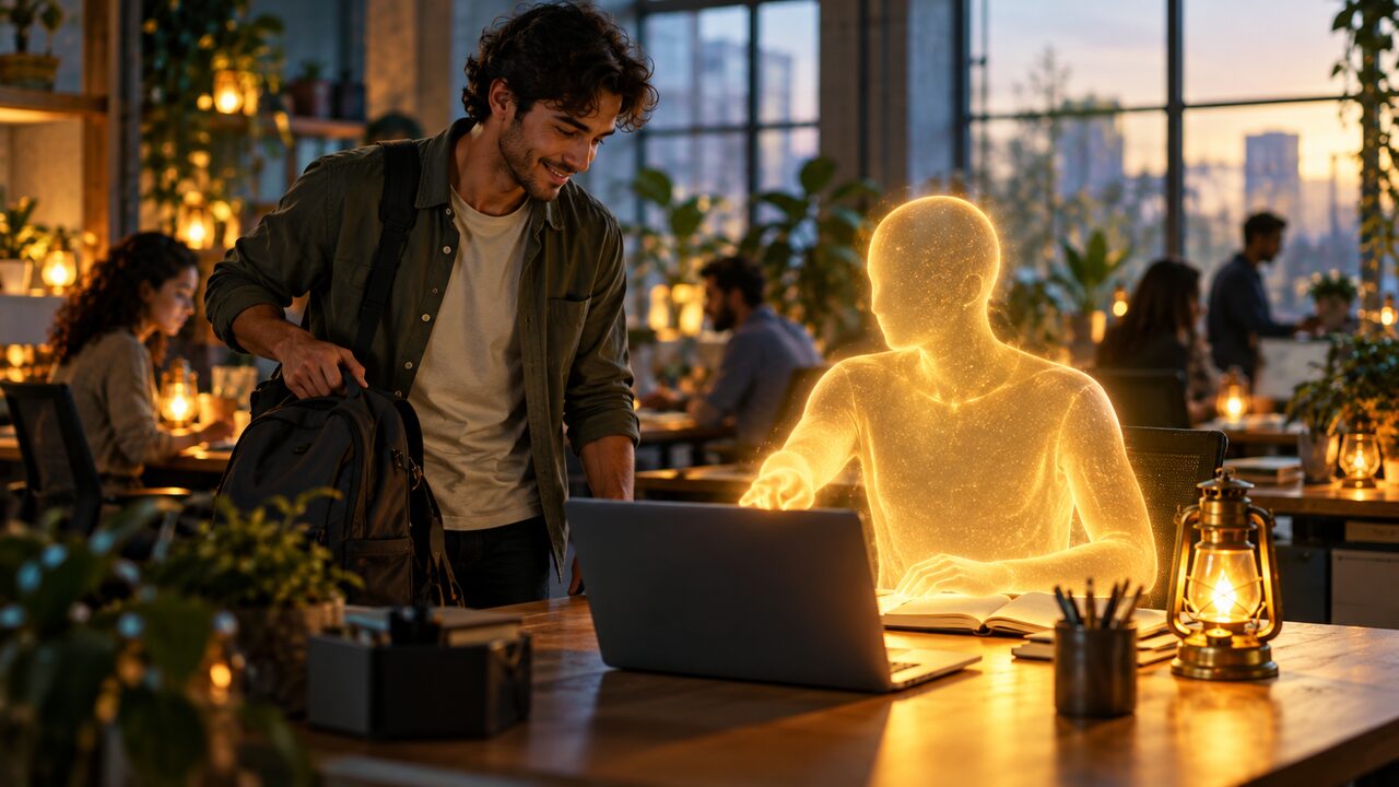 Une nouvelle recrue pose son sac à dos près d’un bureau où une silhouette de lumière dorée l’attend déjà devant l’ordinateur portable pour lui montrer les lieux