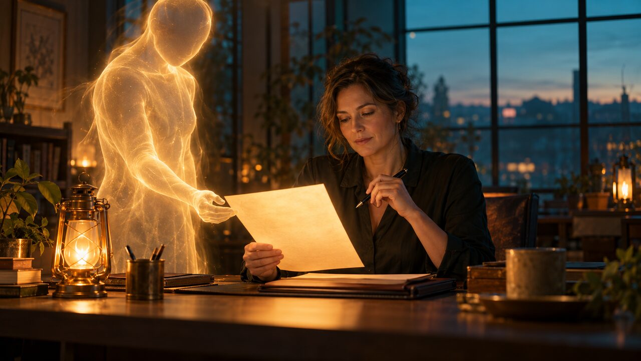 La responsable d’une organisation examine à son bureau une page lumineuse que lui tend une silhouette de lumière dorée, un stylo à la main